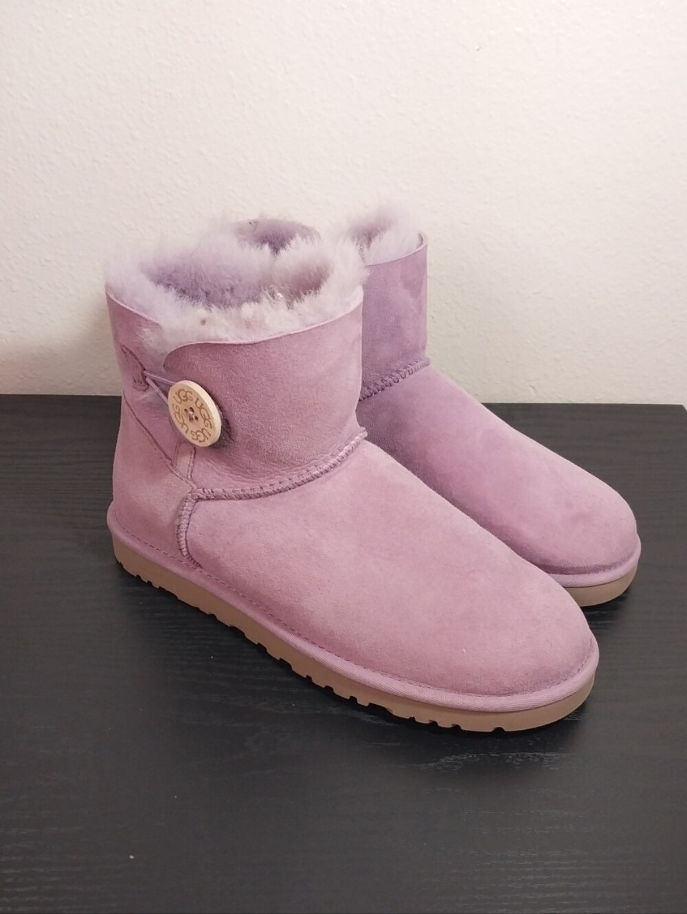 UGG Australia Mini Baileu Button Boot in Lavender Suede Size 7